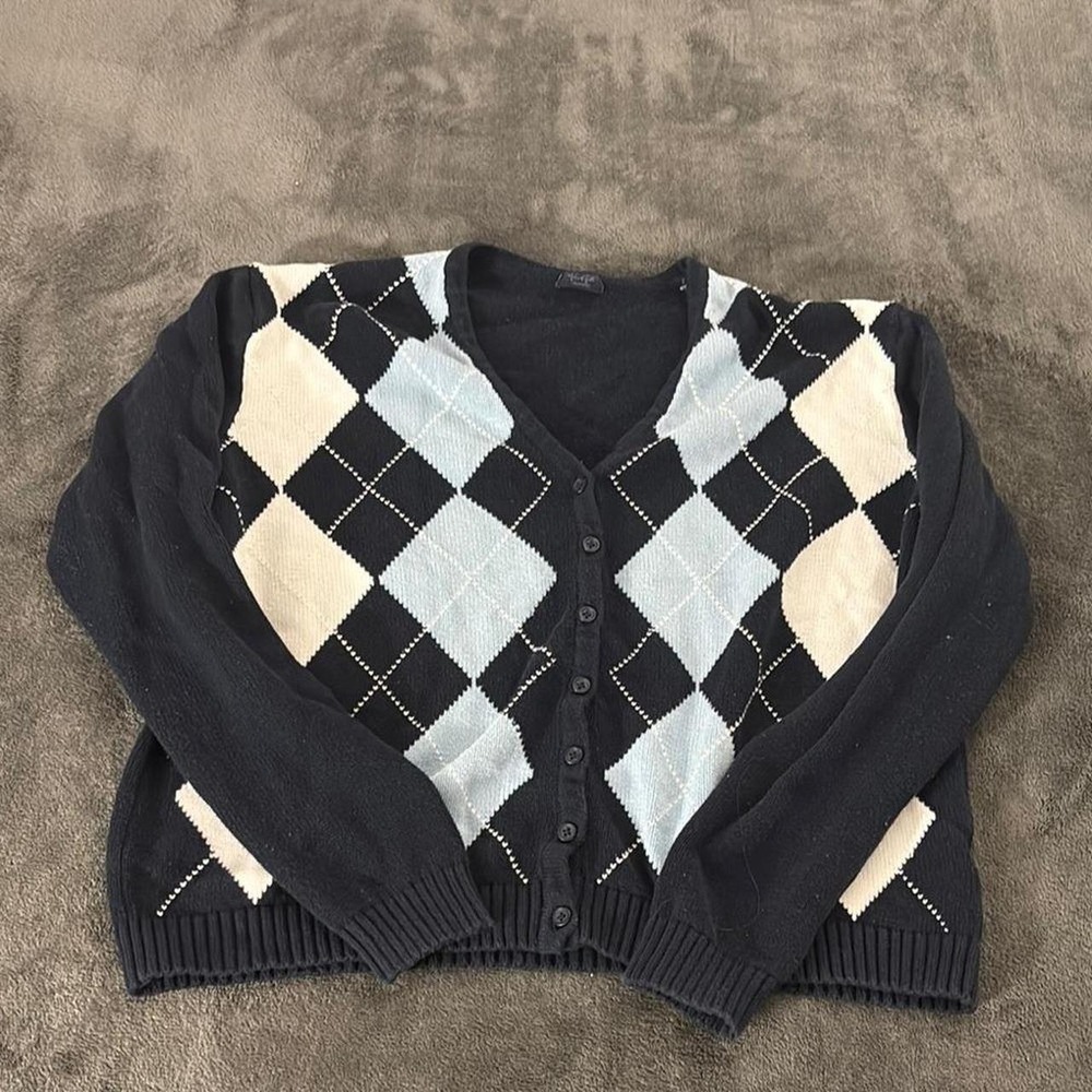 Brandy Melville Argyle Cardigan Sweater Knitwear Blue Black Pattern